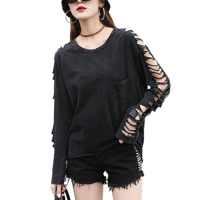 Gothic women's black long sleeve t-shirt with stylish torn sleeves and a loose fit, perfect for a bold look.