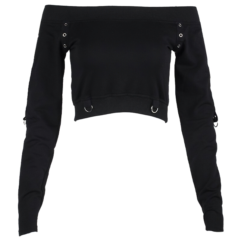 Gothic Women's Top With Rivet In Rock Style / Streetwear Of Long Sleeve And Off Shoulder - HARD'N'HEAVY
