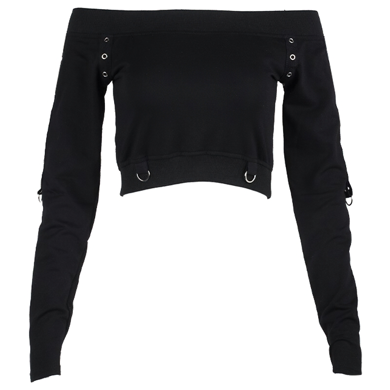 Gothic women's black crop top with off-shoulder design and stylish silver rivets, perfect for rock streetwear fashion.