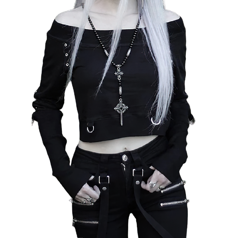 Stylish black Gothic crop top with rivets, off-shoulder design worn by a model, perfect for rock and streetwear fashion.
