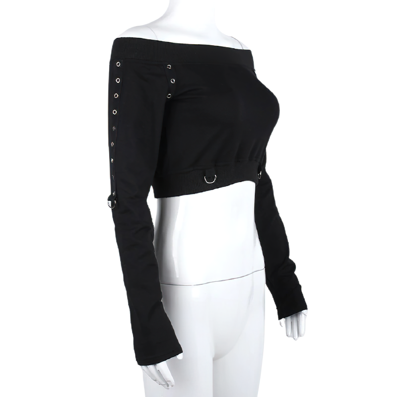 Gothic Women's Top With Rivet In Rock Style / Streetwear Of Long Sleeve And Off Shoulder - HARD'N'HEAVY