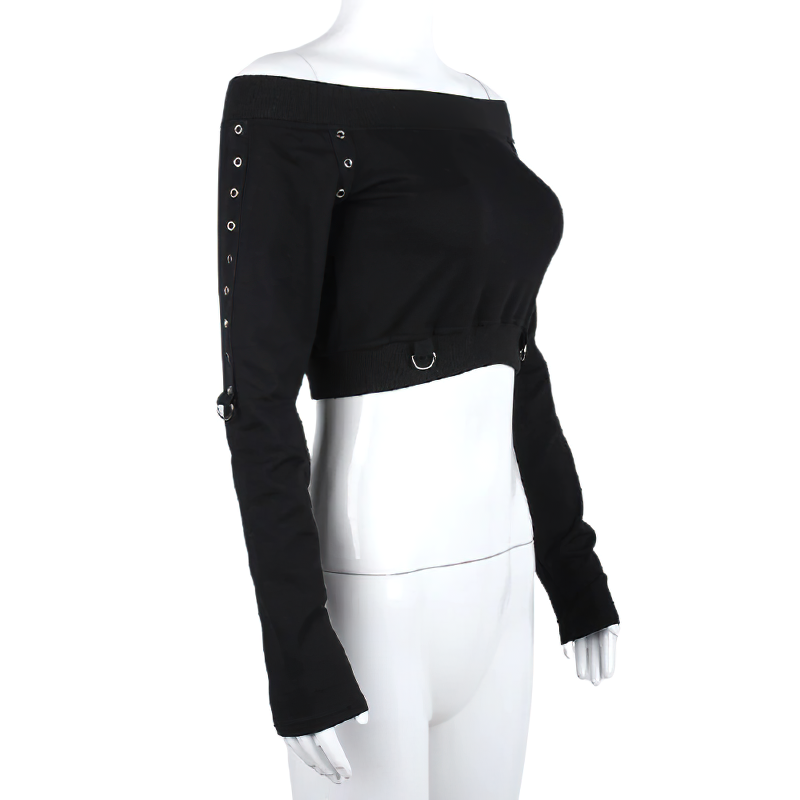 Black gothic women's crop top with rivets, off-shoulder design, perfect for streetwear style.