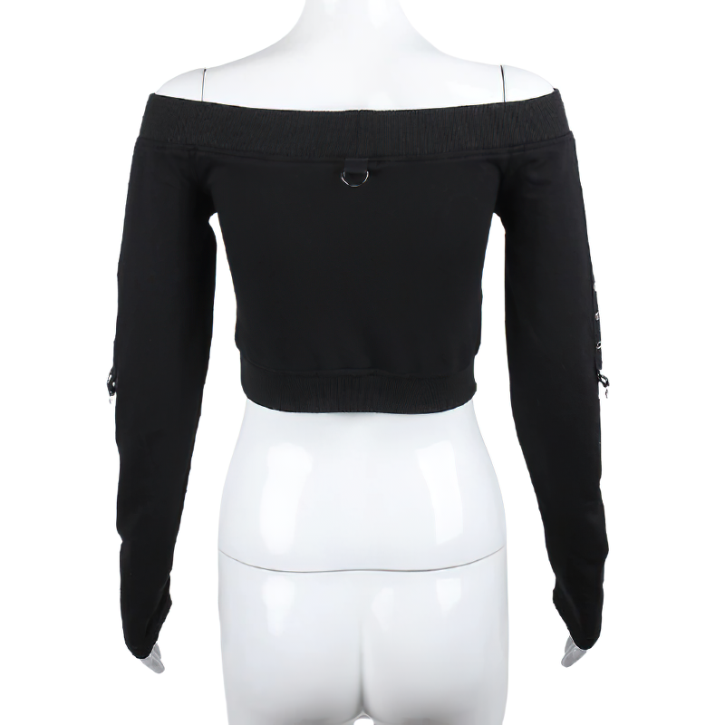 Back view of a gothic women's black crop top with off-shoulder design and silver rivet accents.