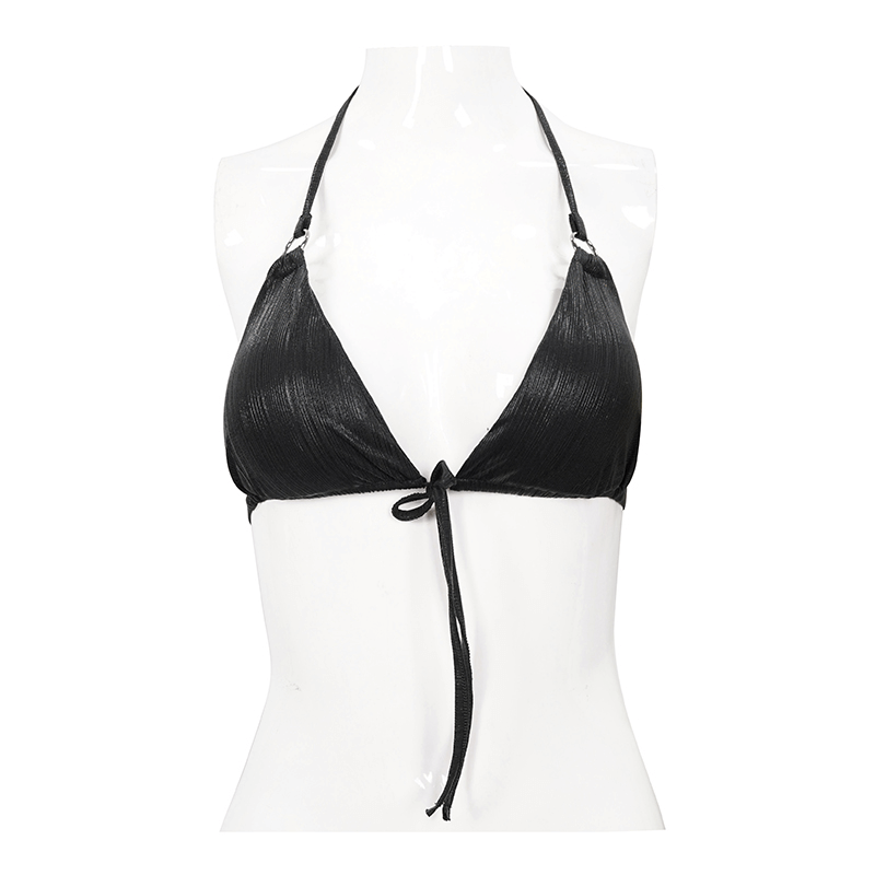 Gothic Women's V Neck Tie Rope Black Bikini Top / Sexy Swimsuit Top with Stretch Tape & Straps - HARD'N'HEAVY