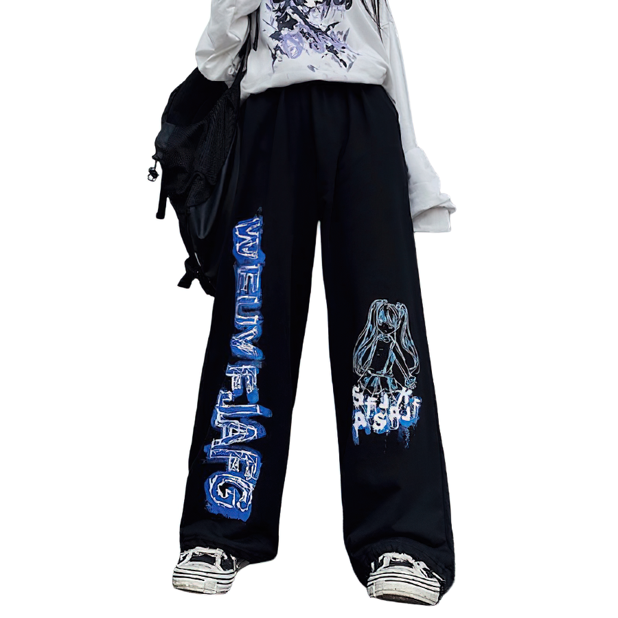 Gothic women's wide leg pants featuring vibrant anime print, perfect for trendy oversized fashion.