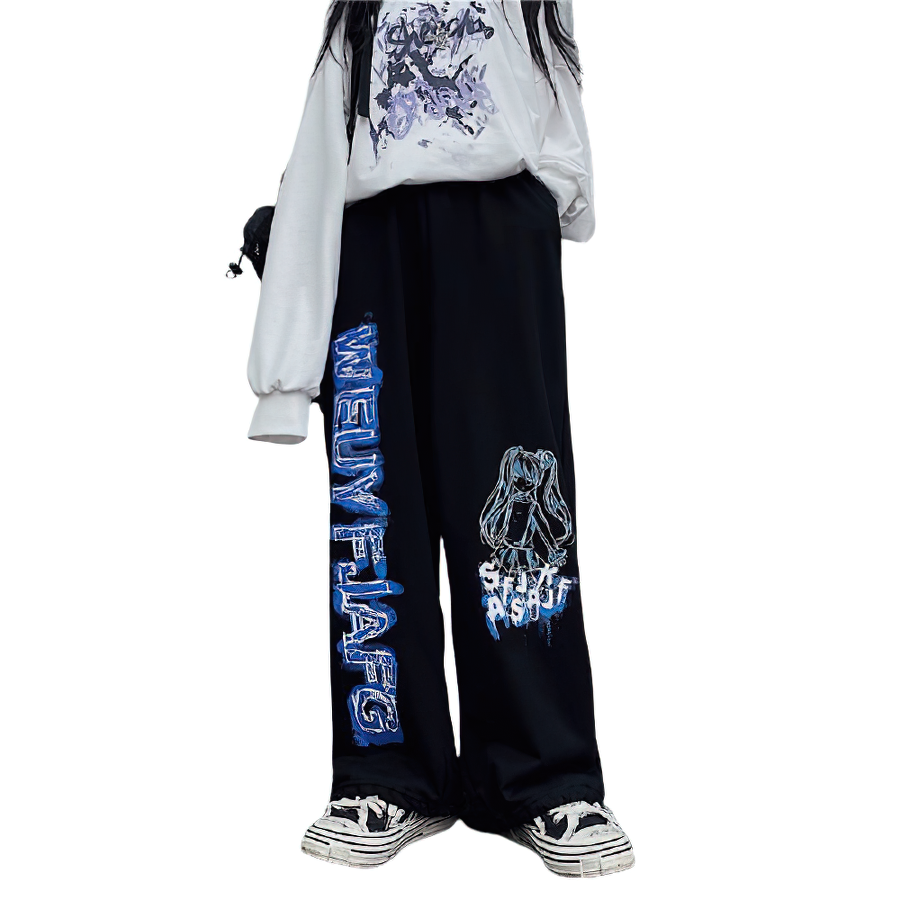 Gothic women's wide leg pants with anime print, trendy oversized joggers showcasing bold graphics.