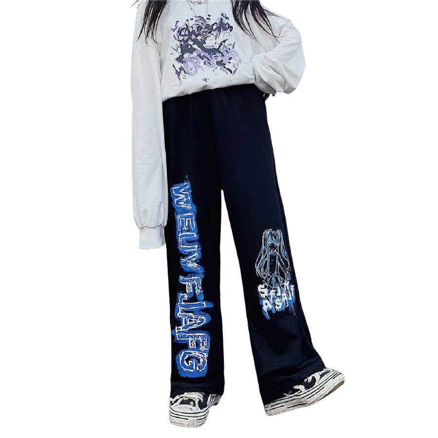 Gothic women's wide leg anime print joggers in black, perfect for trendy casual outfits and unique style.