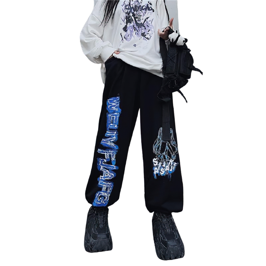 Gothic women's wide leg pants with anime print, trendy black oversize joggers for a chic gothic wardrobe.