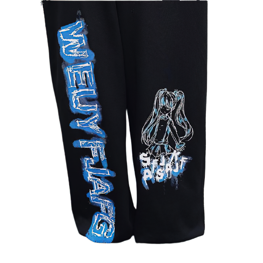Gothic women's wide leg pants featuring anime print and bold blue graphics, perfect for a trendy wardrobe.