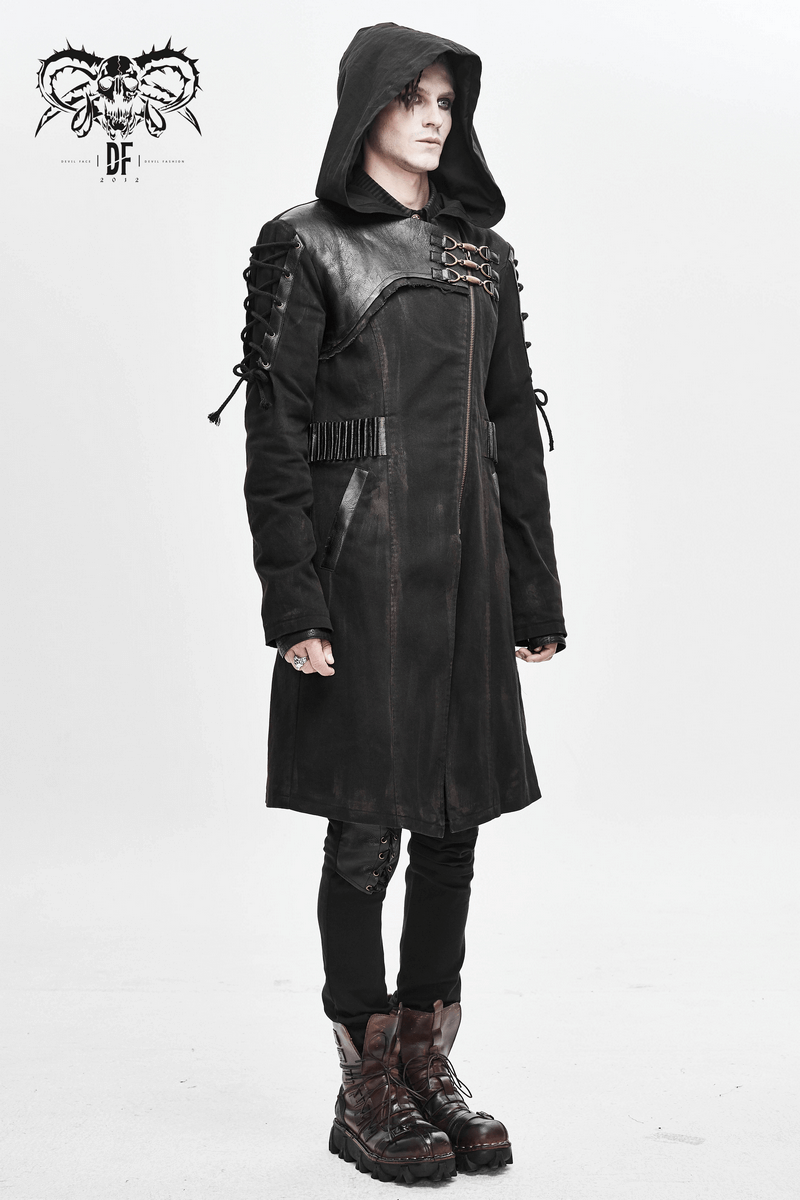 Gothic Zipper Hooded Trench Coat with Buckles / Men's Black Coat with Lace-up on Sleeves - HARD'N'HEAVY