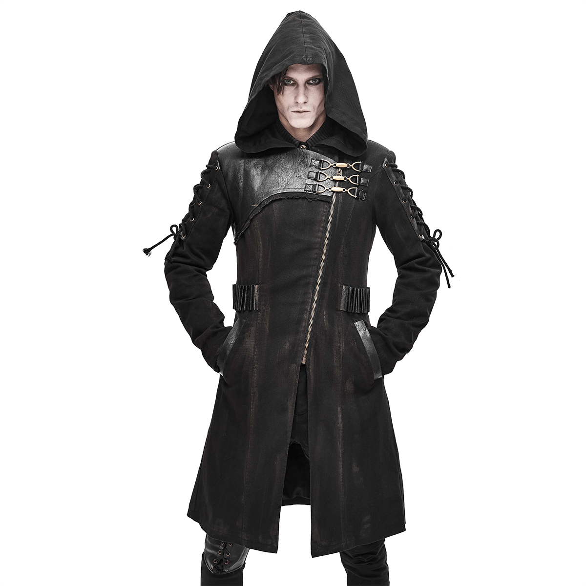 Gothic Zipper Hooded Trench Coat with Buckles / Men's Black Coat with Lace-up on Sleeves - HARD'N'HEAVY