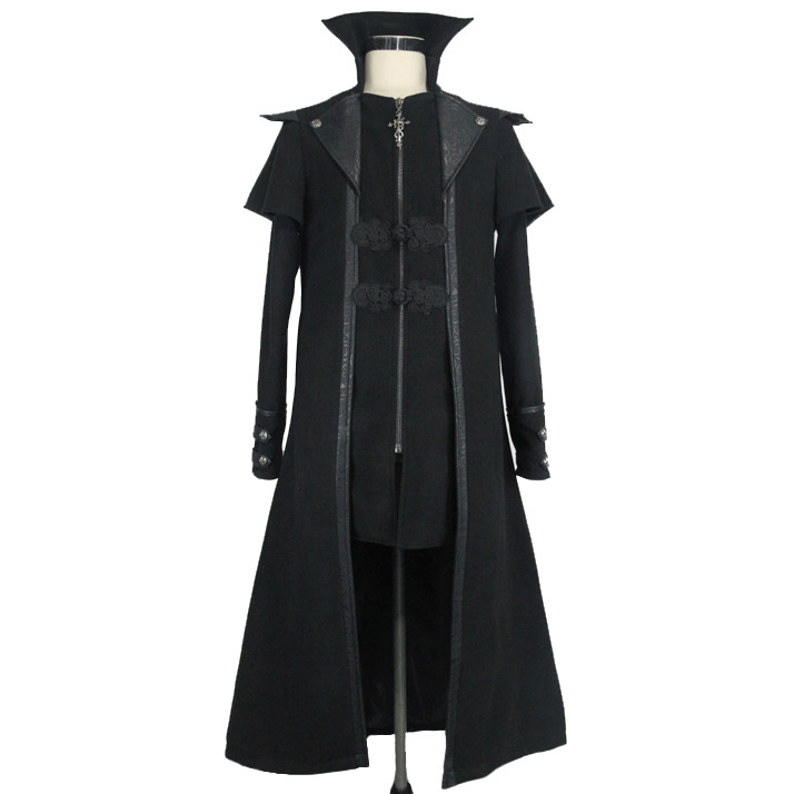 Gothic Zipper Long Trench Coat for Men / Steampunk Black Turndown Collar Coat - HARD'N'HEAVY