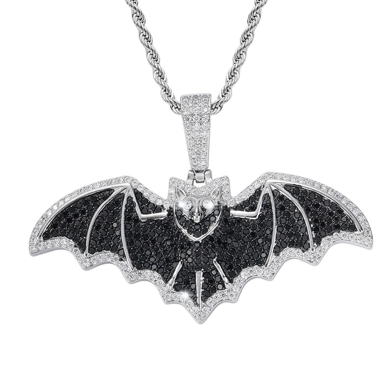 Gothic bat pendant necklace with sparkling black stones, perfect for punk rock style and gothic outfits.