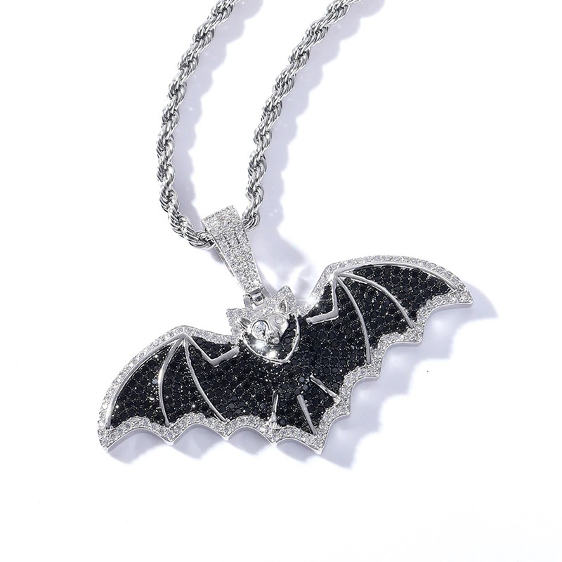 Gothic bat pendant necklace with black stones, perfect punk rock jewelry for men and women.