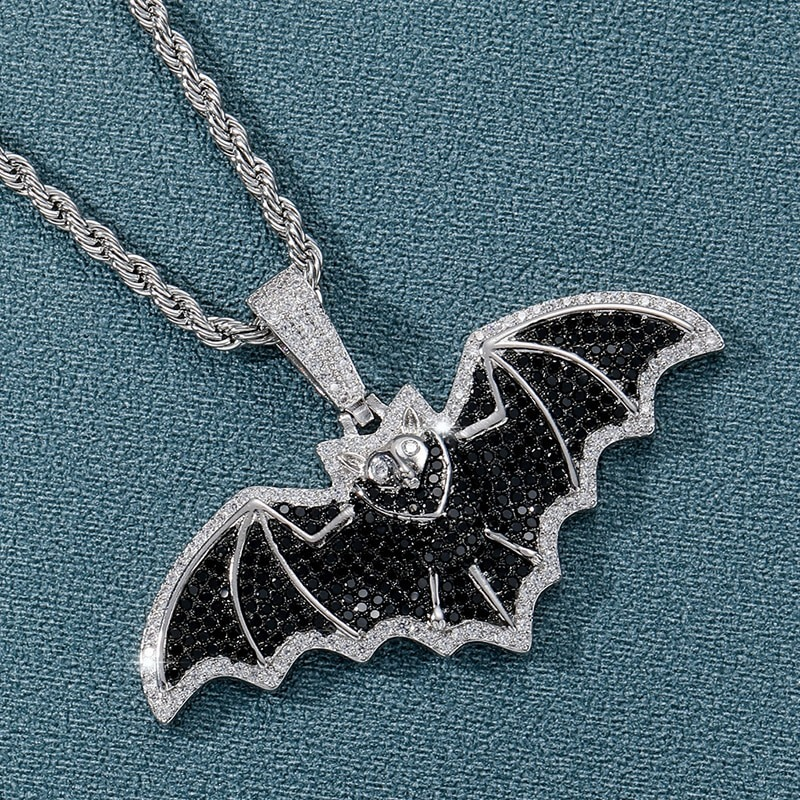 Gothic bat pendant necklace with sparkling stones, perfect for punk rock style and gothic fashion.
