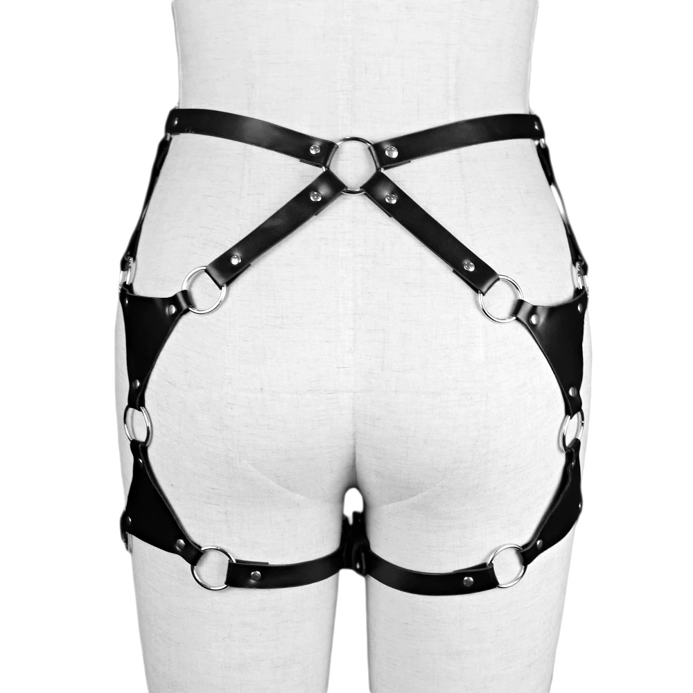 Gothic women's sexy body harness featuring leather straps and silver rings, perfect for enhancing erotic style.
