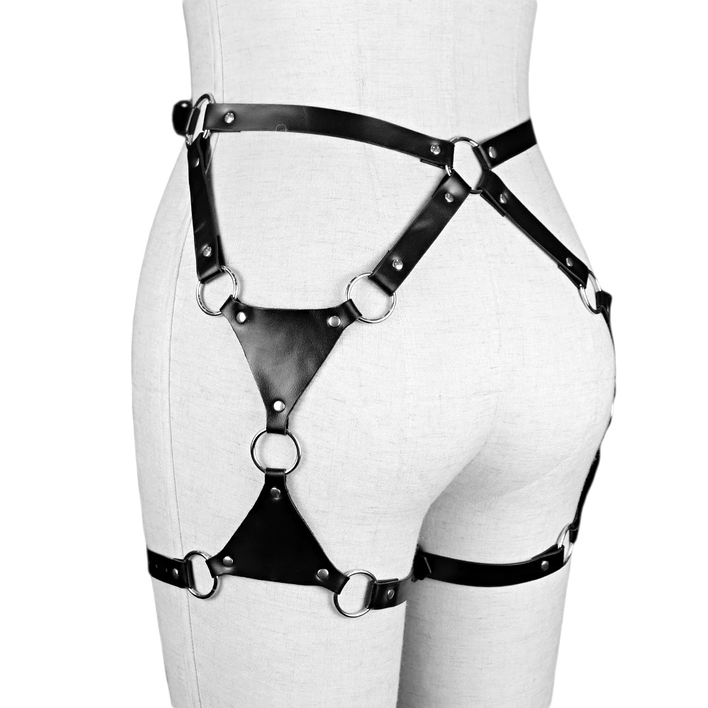 Gothic sexy body harness showcasing black leather design and silver fittings for women's erotic style.