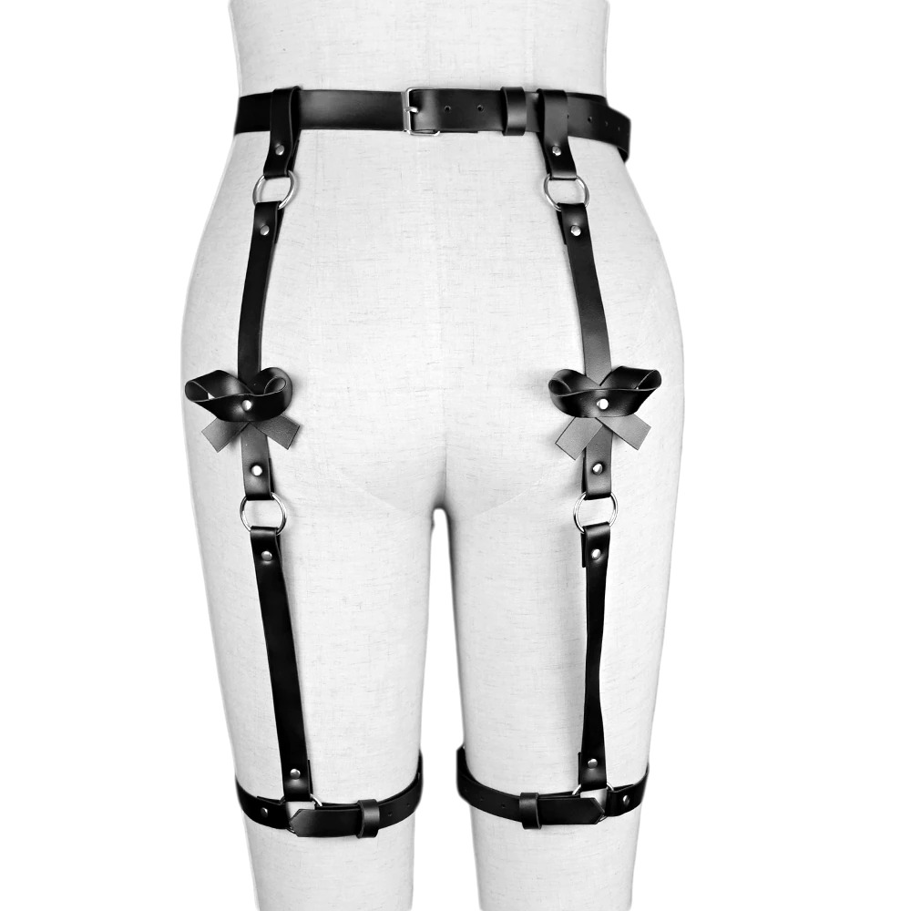 Gothic women's sexy body harness with leather straps and silver fittings, perfect for enhancing intimate style.