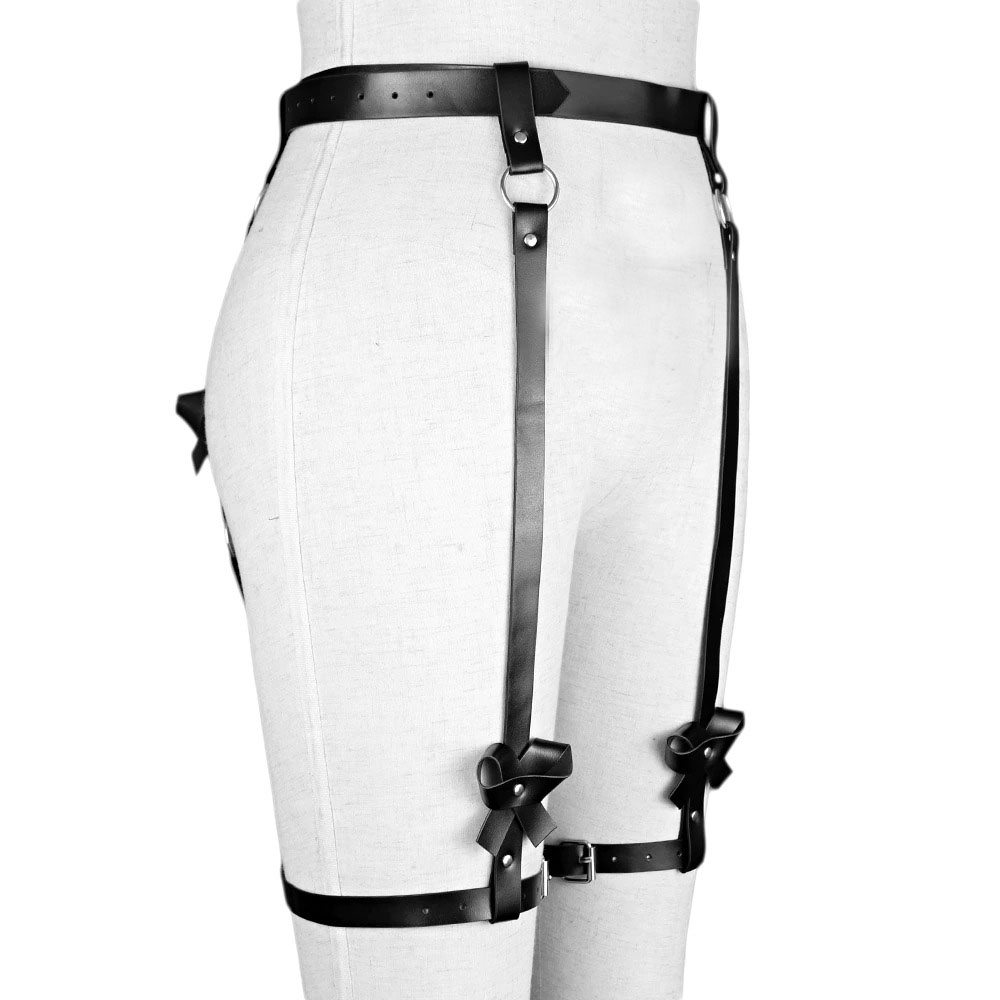 Gothic sexy body harness for women, black leather garter with silver fittings, perfect for enhancing intimate style.