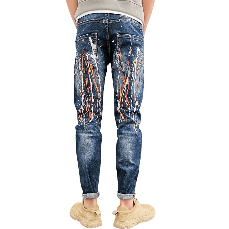 Graffiti Ripped Men's Jeans / Male Skinny Denim Pants / Alternative Style Elastic Trousers