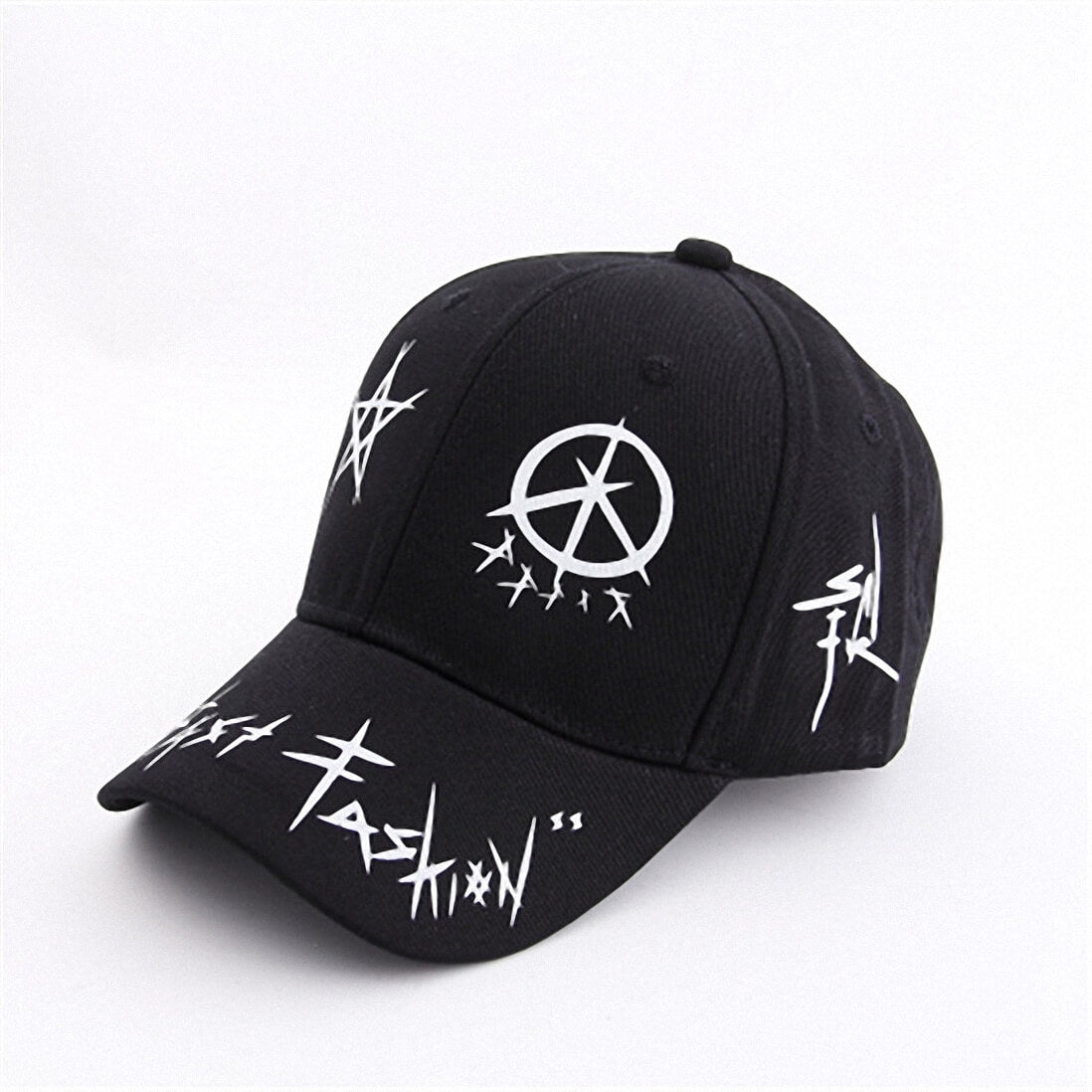 Black and white punk grunge snapback baseball cap featuring unique patterns and peace symbol.