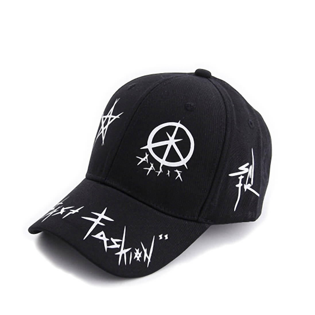 Black and white punk grunge snapback baseball cap with unique designs and adjustable fit for men and women.