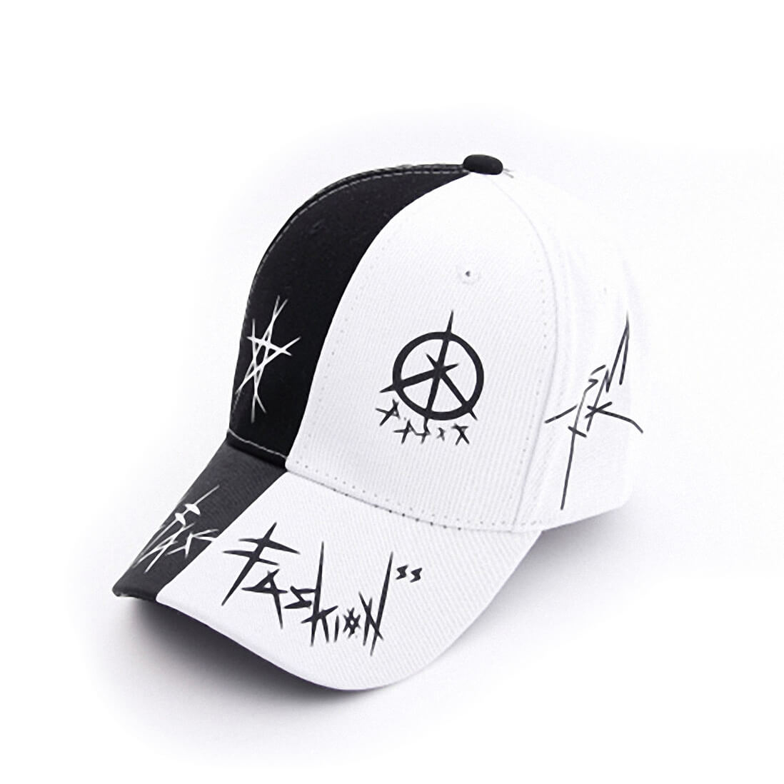 Black and white snapback baseball cap with punk graffiti designs, unisex style for men and women.