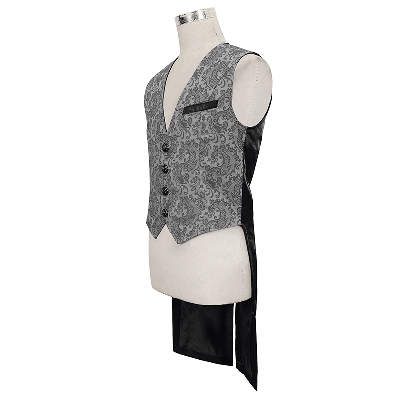 Men's gray and black gothic jacquard tailed waistcoat on mannequin, featuring retro design and elegant detailing.