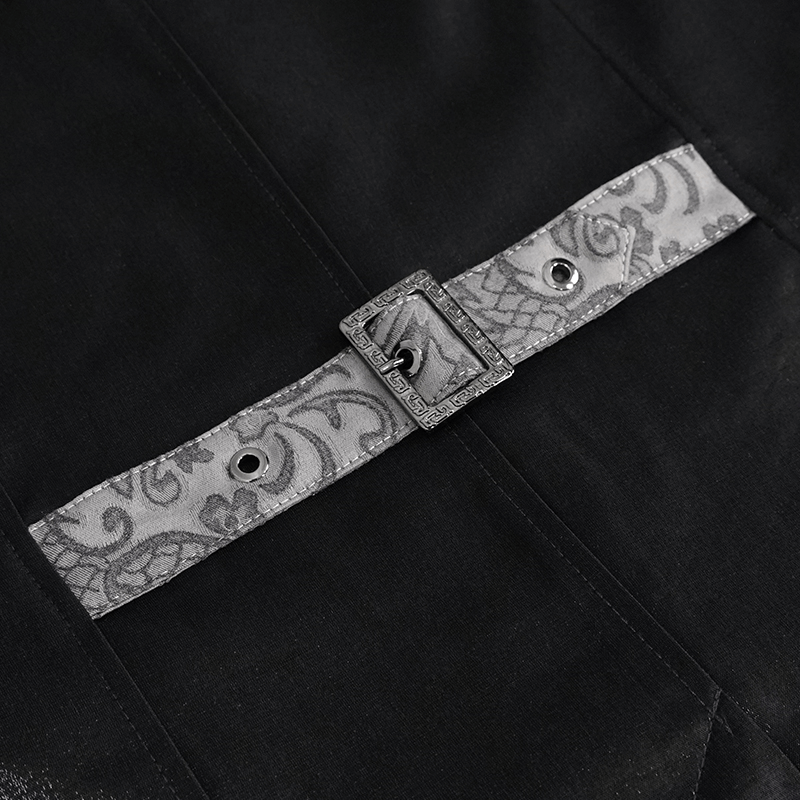 Close-up of the belt detail on a gray and black gothic jacquard tailed waistcoat for men.