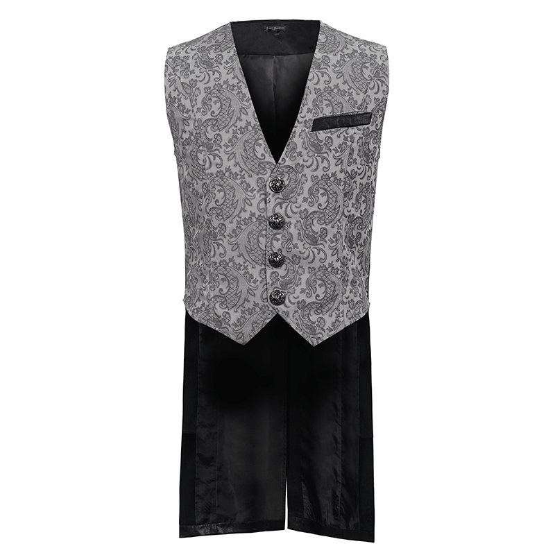 Gray and black gothic jacquard tailed waistcoat for men, perfect for retro elegant male clothing.