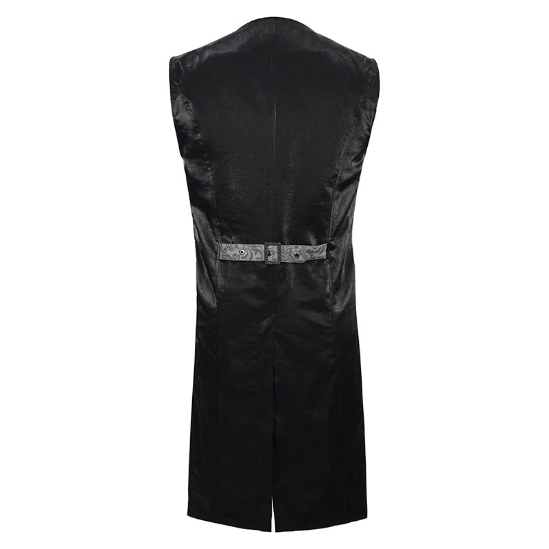 Back view of a gray and black gothic jacquard tailed waistcoat for men, showcasing elegant retro design.