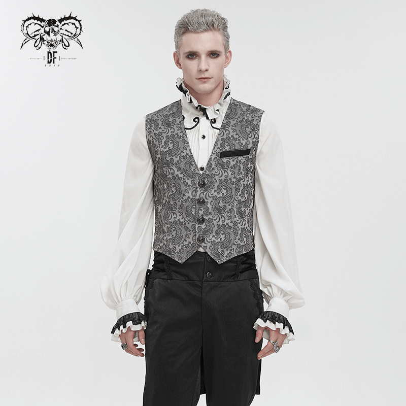 Gray and Black Gothic Jacquard Tailed Waistcoat for Men / Retro Elegant Male Clothing