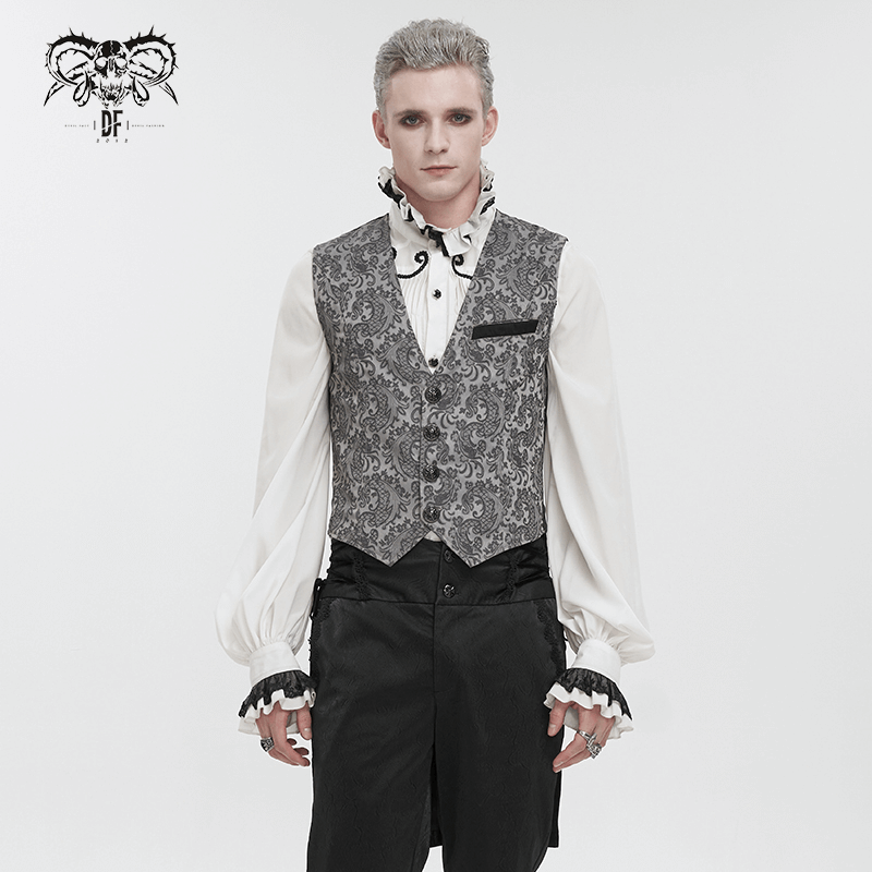 Gray and black jacquard tailed waistcoat for men, featuring gothic elegance and retro style in high-quality fabric.