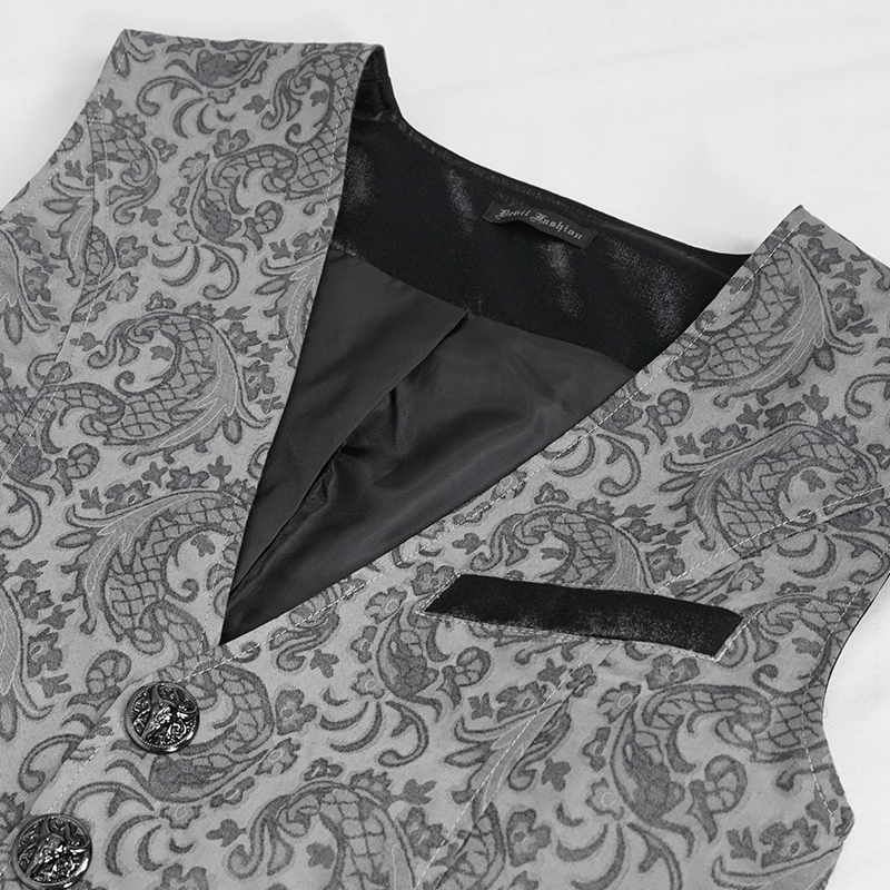 Close-up of gray and black gothic jacquard tailed waistcoat featuring intricate patterns and elegant buttons for men.