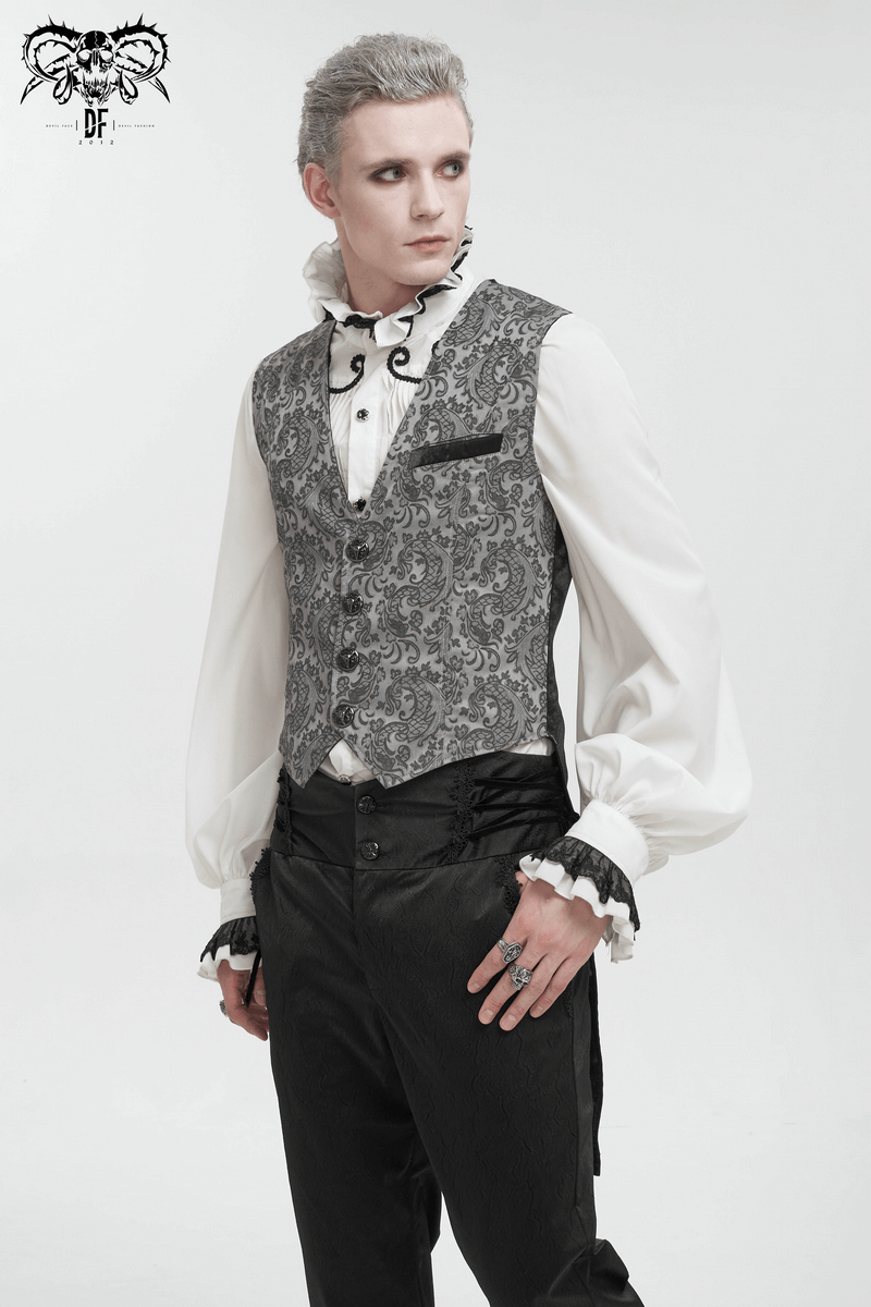 Men's gray and black gothic jacquard tailed waistcoat, retro elegant style for gothic wardrobes.