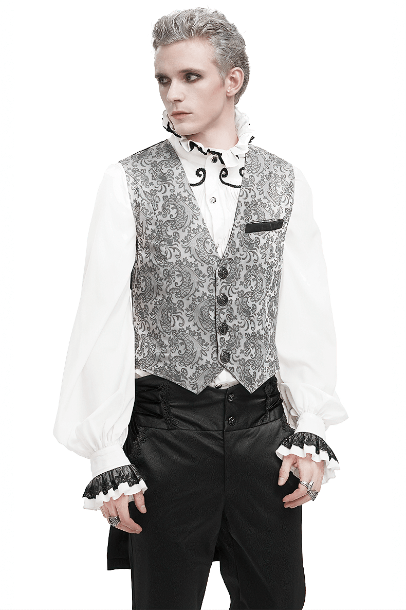 Stylish gray and black gothic jacquard waistcoat for men, featuring a retro design and elegant details.