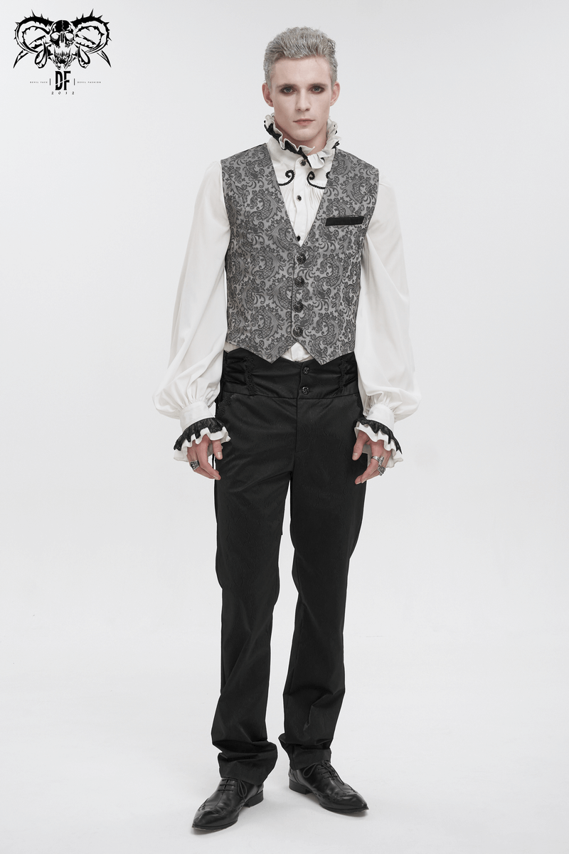 Men's gray and black gothic jacquard tailed waistcoat featuring retro design and elegant style.