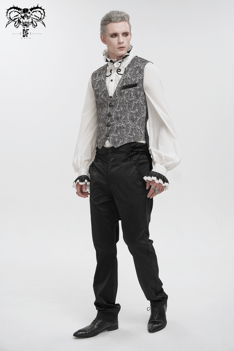 Stylish gray and black gothic jacquard tailed waistcoat for men, perfect for retro elegant outfits.