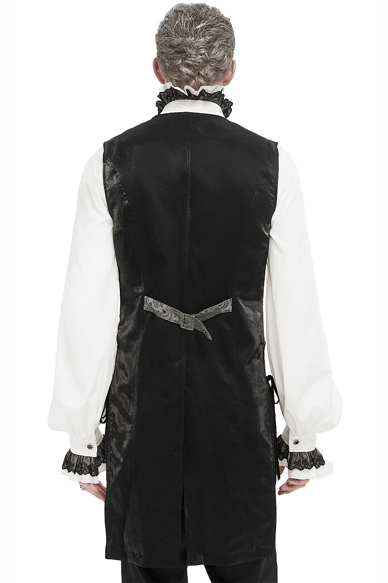 Back view of a gray and black gothic jacquard tailed waistcoat for men, showcasing elegant retro design.
