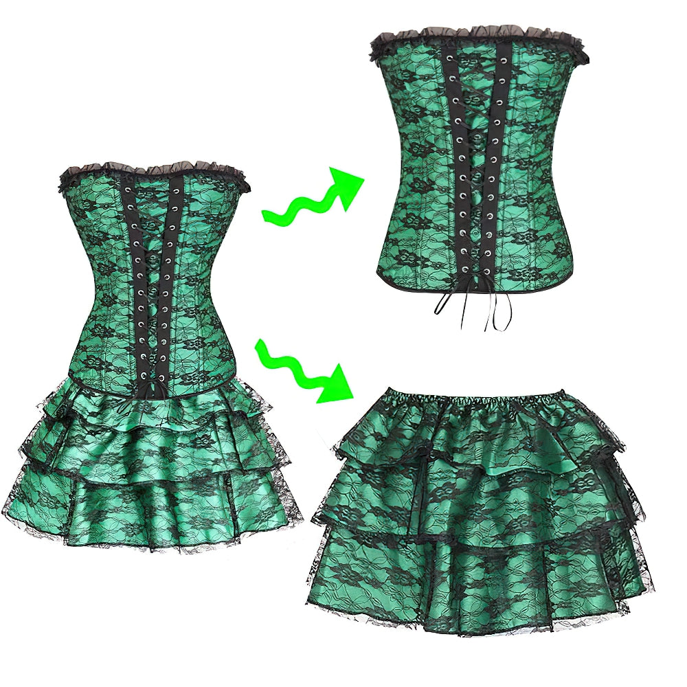 Stylish green corset dress suit with lace-up detail and layered skirt, perfect for rave outfits and cosplay parties.