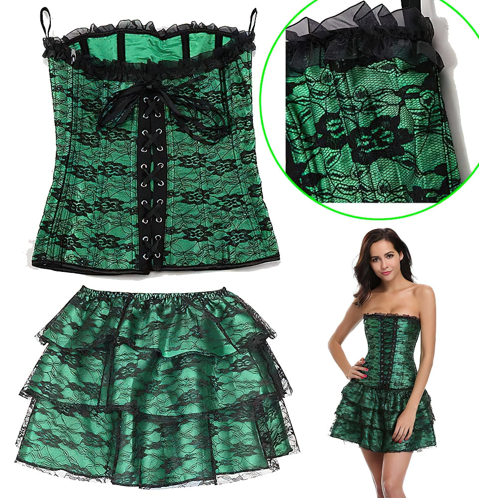 Green Corset Dress Suit / Lace Up With Skirt and Corset / Rave outfits - HARD'N'HEAVY