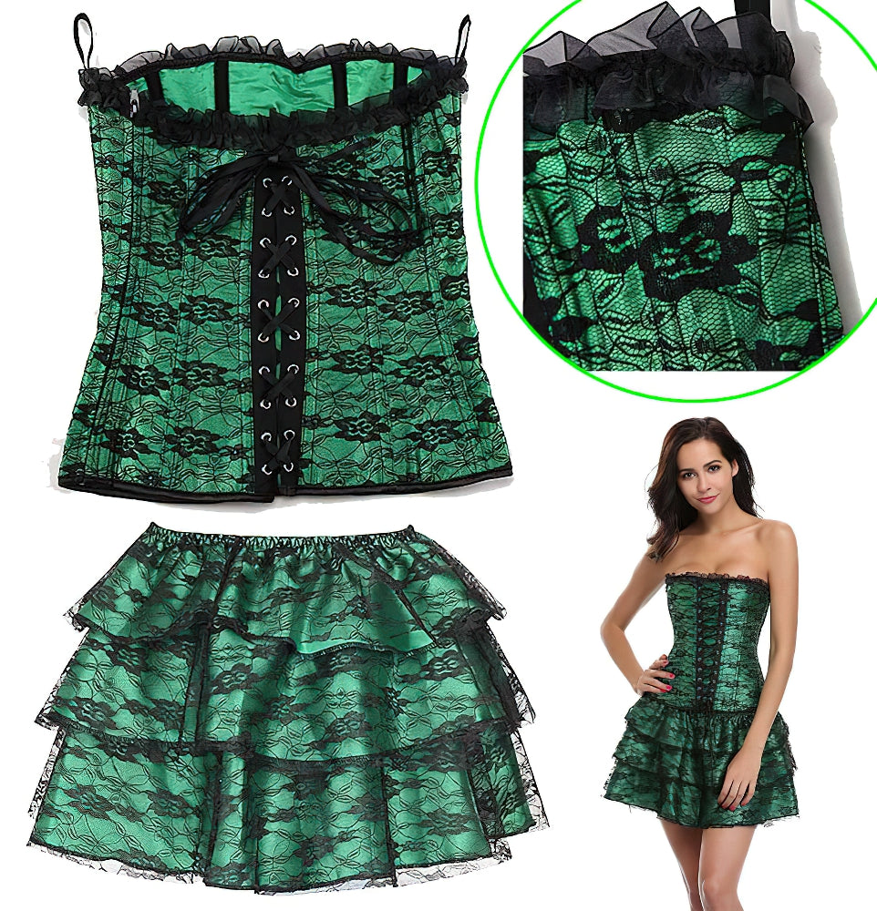 Green Corset Dress Suit / Lace Up With Skirt and Corset Green Corset Dress Suit / Lace Up With Skirt and Corset
