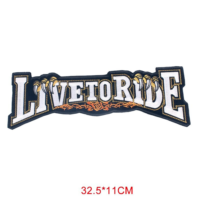 Embroidered 'Live to Ride' biker patch, perfect for jackets and vests, measuring 32.5x11 cm.