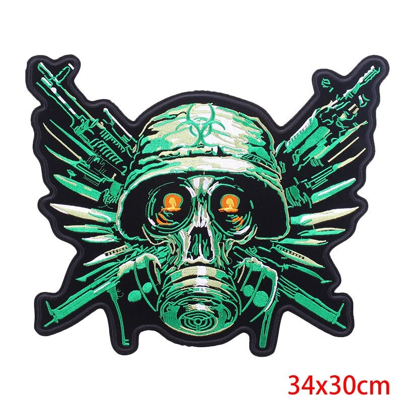 Large green skull with gas mask and guns iron-on biker patch for jackets, 34x30cm, stylish embroidered design.