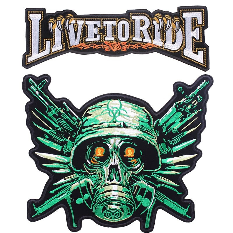Green skull with guns and 'Live to Ride' text; large embroidered biker patch for jackets and bags.