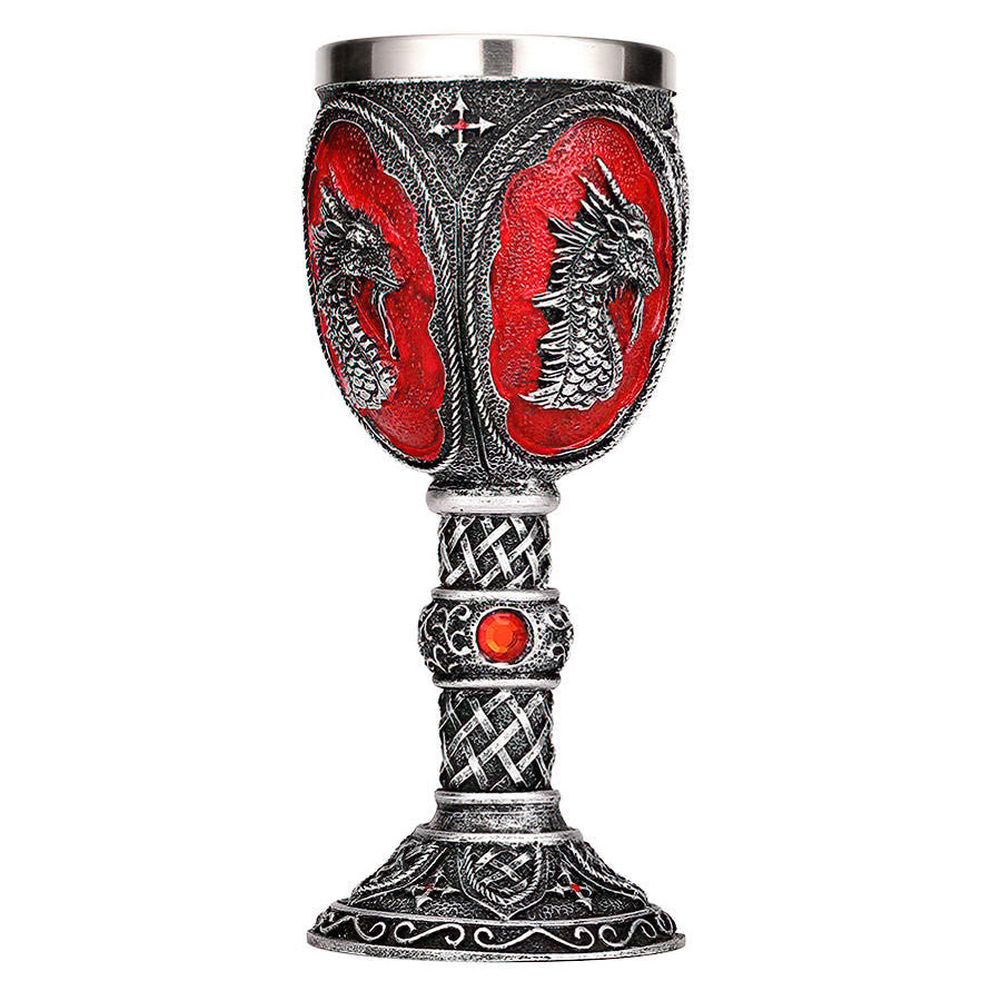 Grey and Red Horrible Wine Glass with Dragon / Stainless Steel and Resin Vintage Style Bar Drinkware - HARD'N'HEAVY
