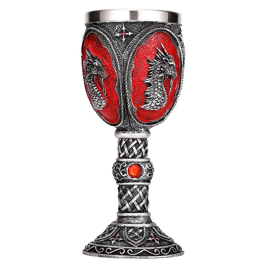 Vintage gothic wine glass featuring red dragon designs, perfect for decor and unique drinkware.