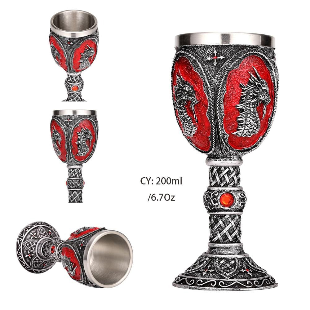 Gothic red and grey wine glass with dragon design, vintage stainless steel bar drinkware, perfect for decor and gifting.