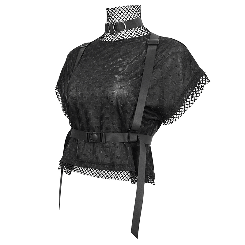 Women's grunge style black top with mesh and buckle strap, short sleeves, perfect for a casual yet edgy look.