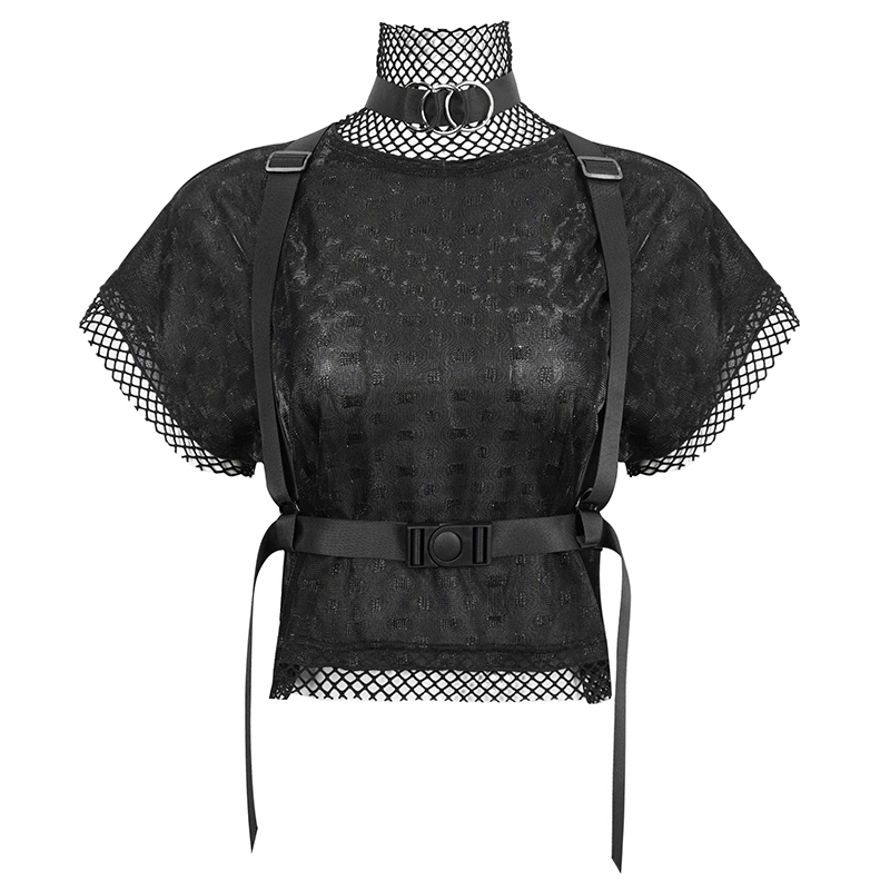 Grunge batwing black top with buckle strap and mesh sleeves, perfect for a chic and edgy look.
